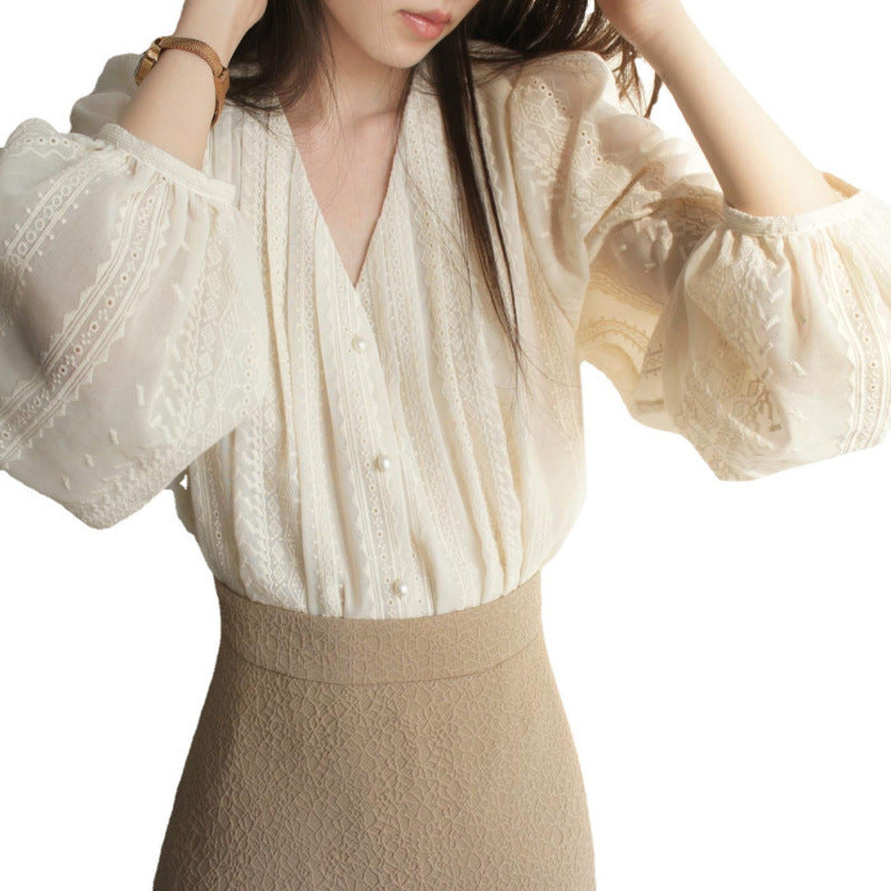 V-Neck Retro Gentle Embroidered Top For Women
