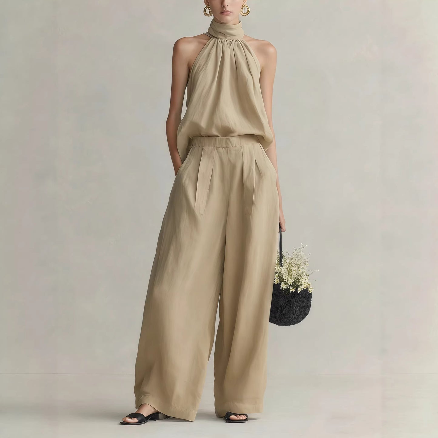 Womens Elegant Round-Neck Sleeveless Top And Pants Suit