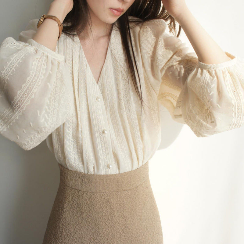 V-Neck Retro Gentle Embroidered Top For Women