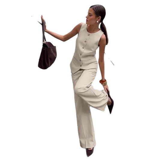 Elegant Commuter Vest And Wide-Leg Pants Two-Piece Set