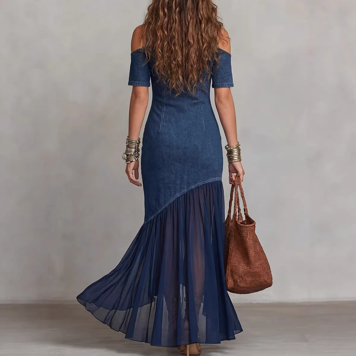 Off-shoulder Short-sleeve Mesh-hem Dress