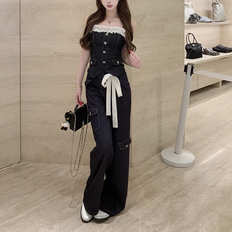 Ruffle-trimmed Halter Top And Wide-leg Pants Set