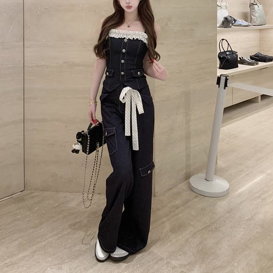 Ruffle-trimmed Halter Top And Wide-leg Pants Set