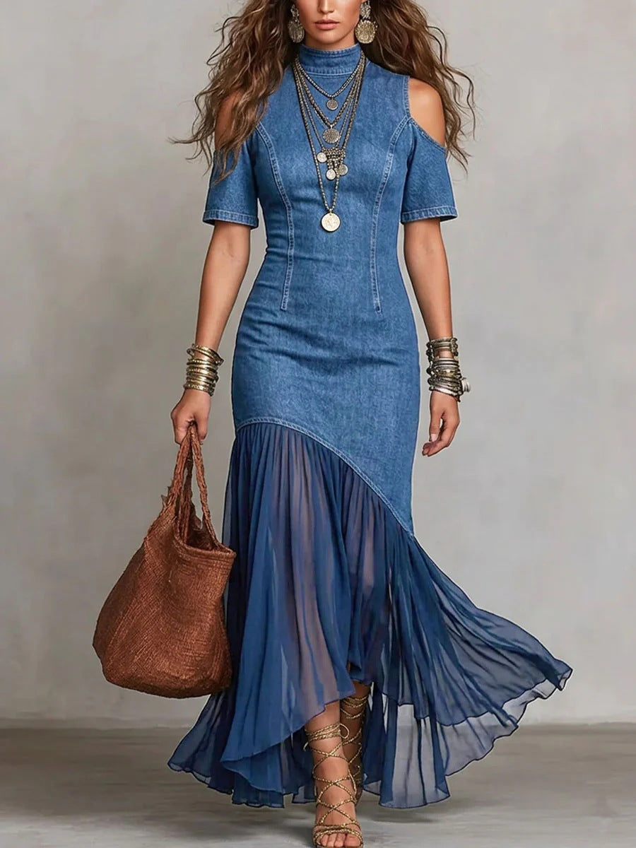 Off-shoulder Short-sleeve Mesh-hem Dress