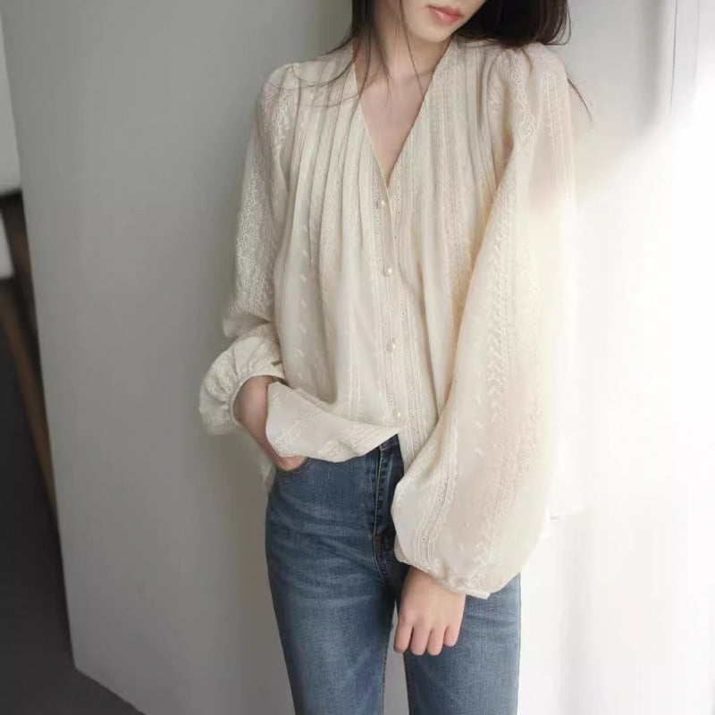 V-Neck Retro Gentle Embroidered Top For Women