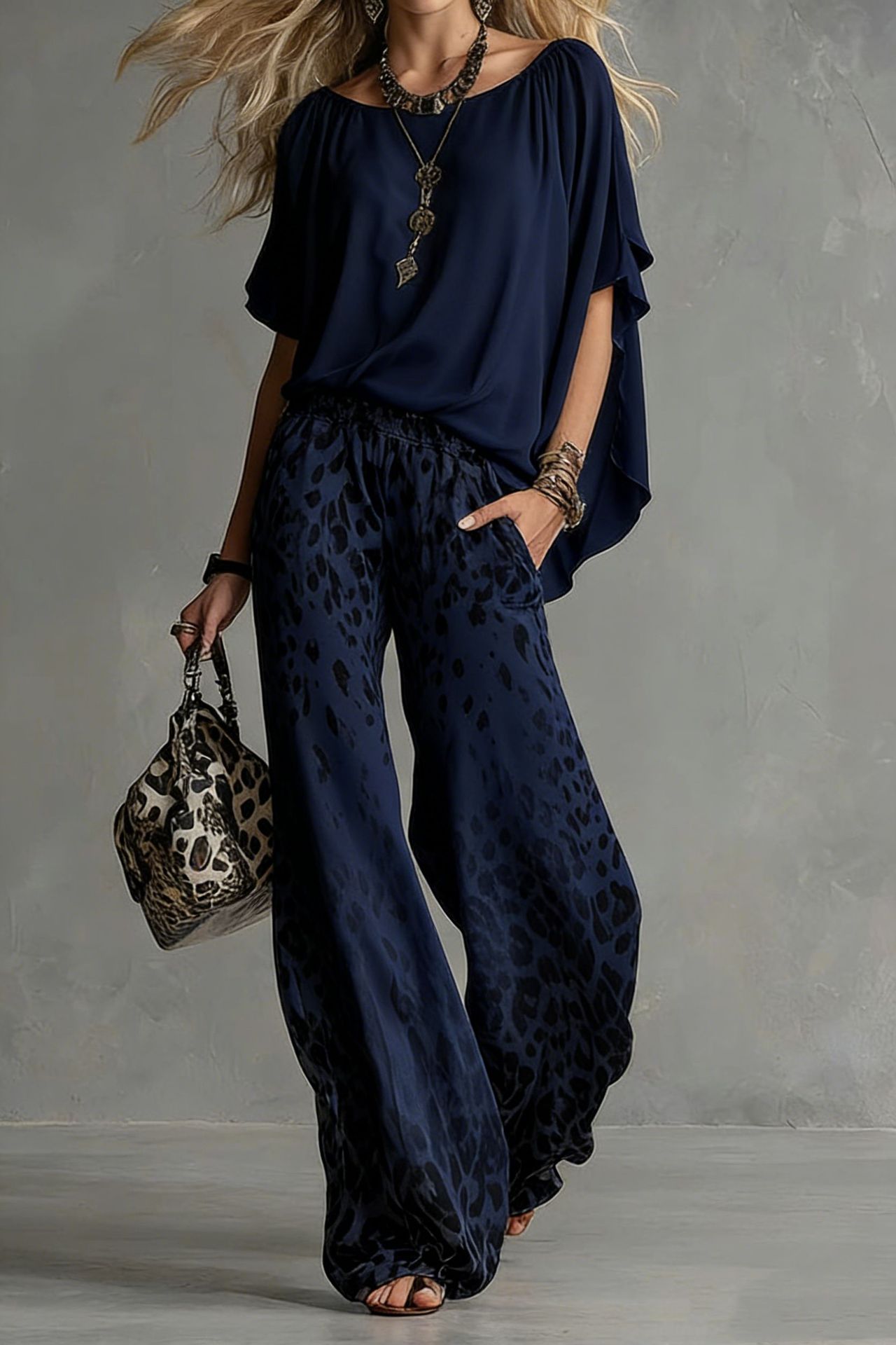 Slimming Wide-leg Straight-leg Casual Pants And Chiffon Top Set
