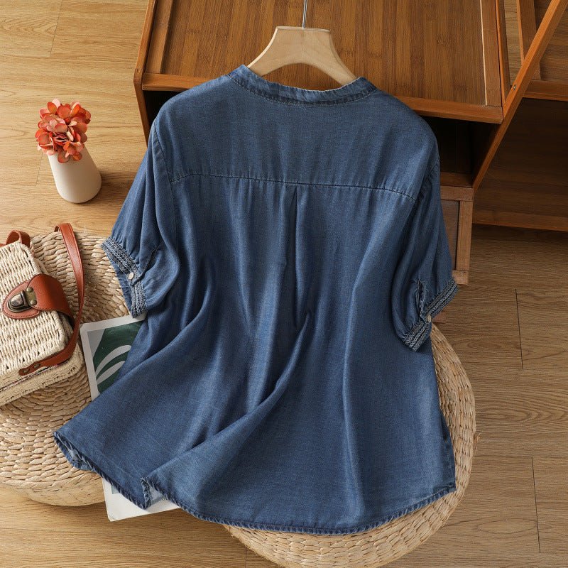 Draped Short-sleeve Shirt Womens Vintage Niche Thin Top