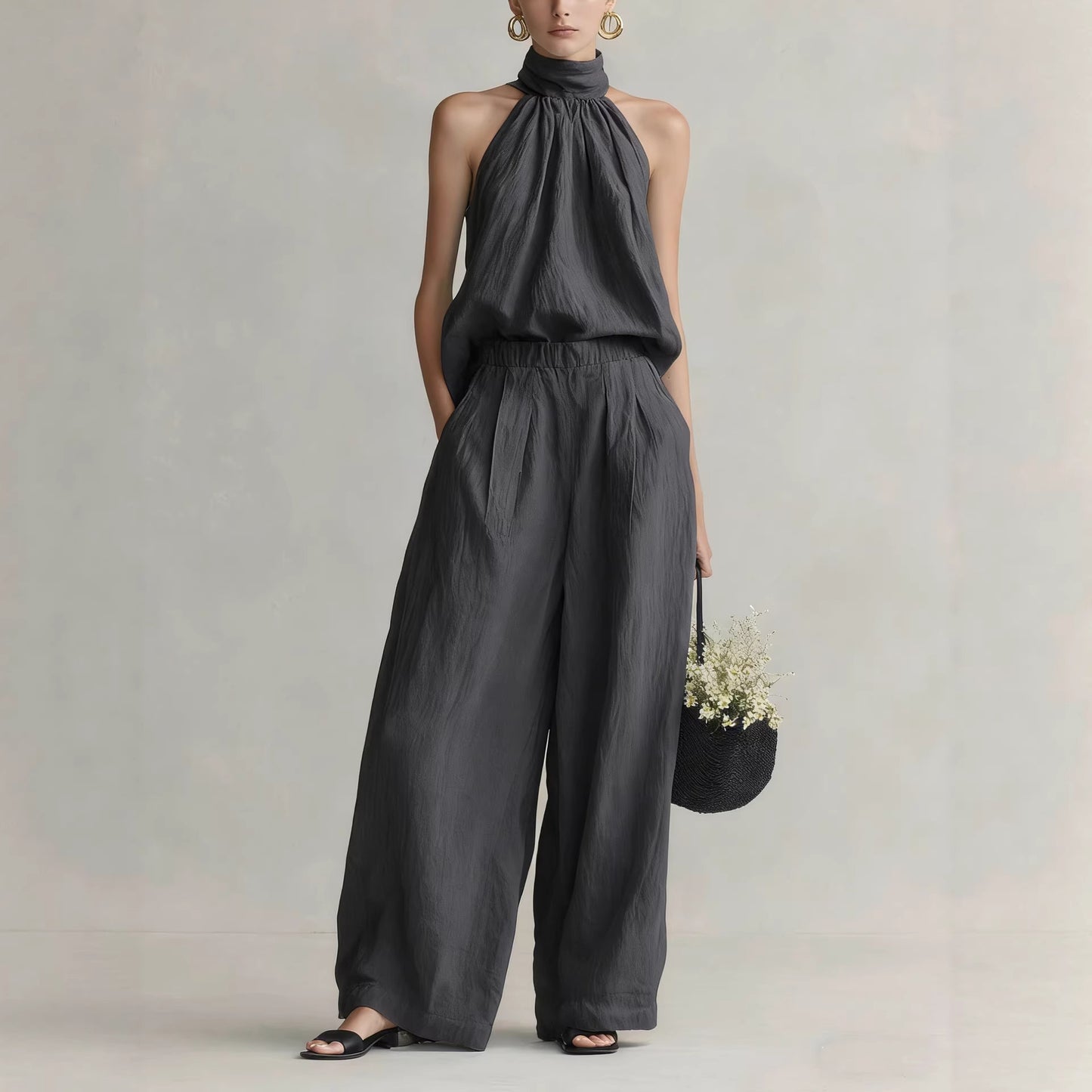Womens Elegant Round-Neck Sleeveless Top And Pants Suit