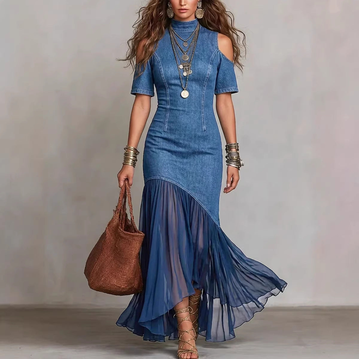Off-shoulder Short-sleeve Mesh-hem Dress