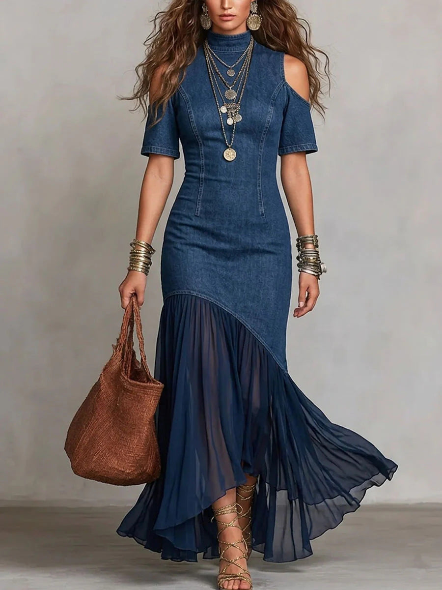 Off-shoulder Short-sleeve Mesh-hem Dress