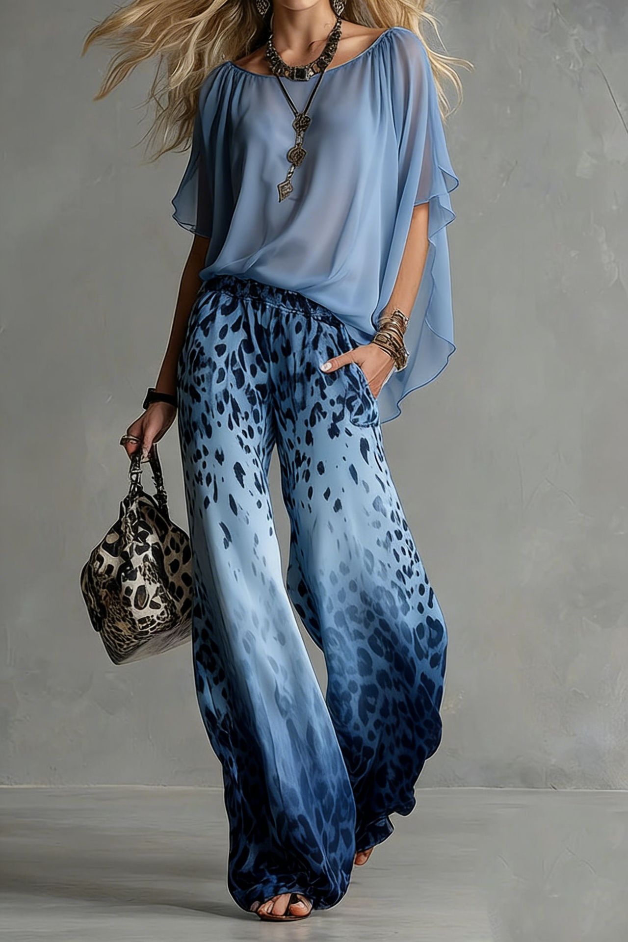 Slimming Wide-leg Straight-leg Casual Pants And Chiffon Top Set