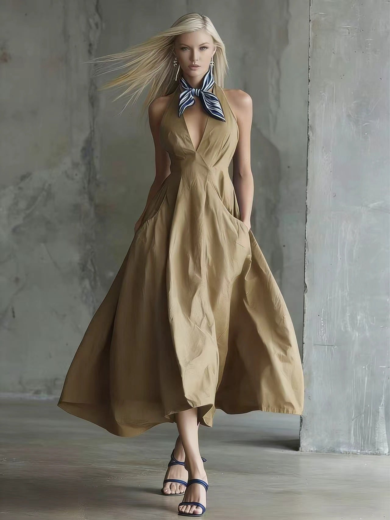 Womens Retro Sleeveless Tie-Waist A-Line Midi Dress With V-Neck