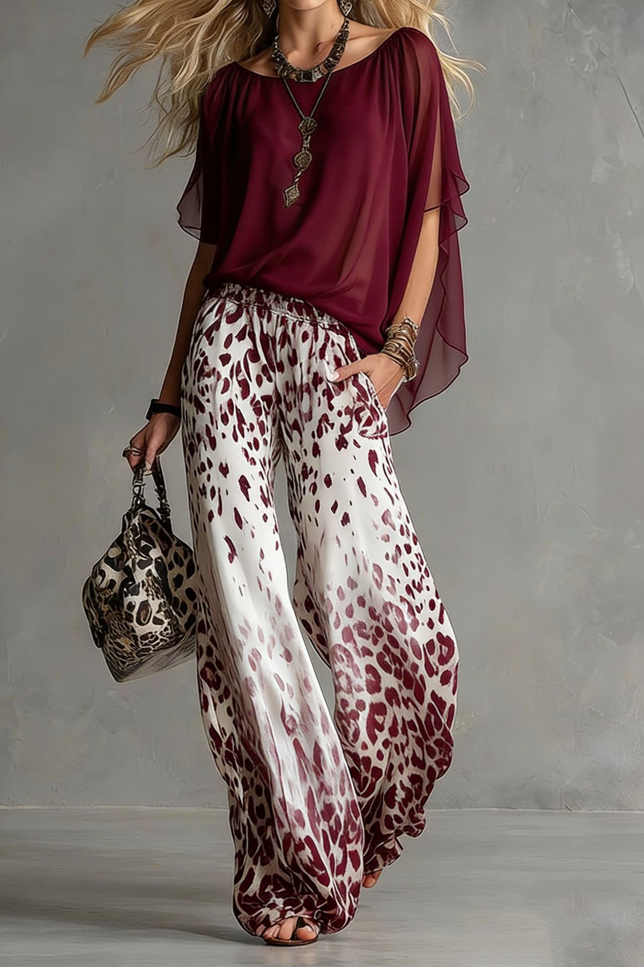 Slimming Wide-leg Straight-leg Casual Pants And Chiffon Top Set