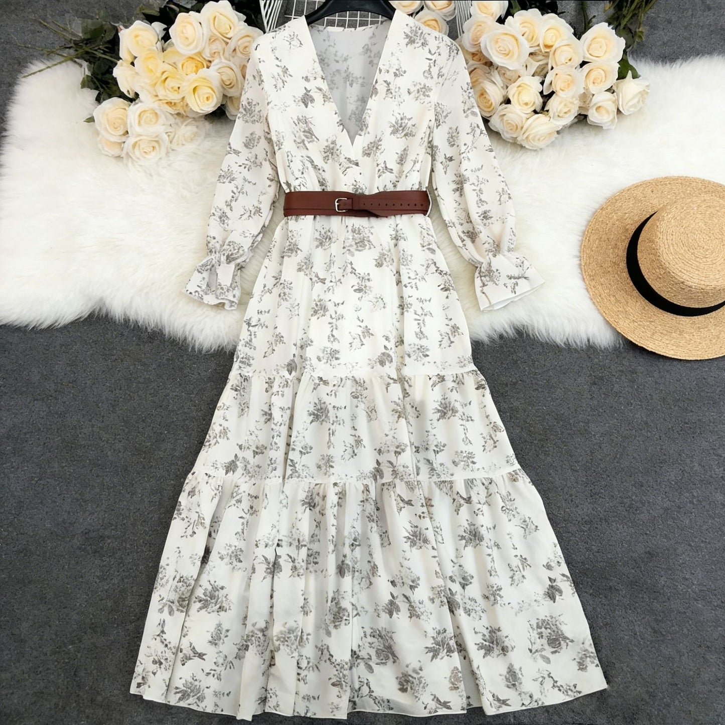 Spring New Womens Printed V-Neck Dress