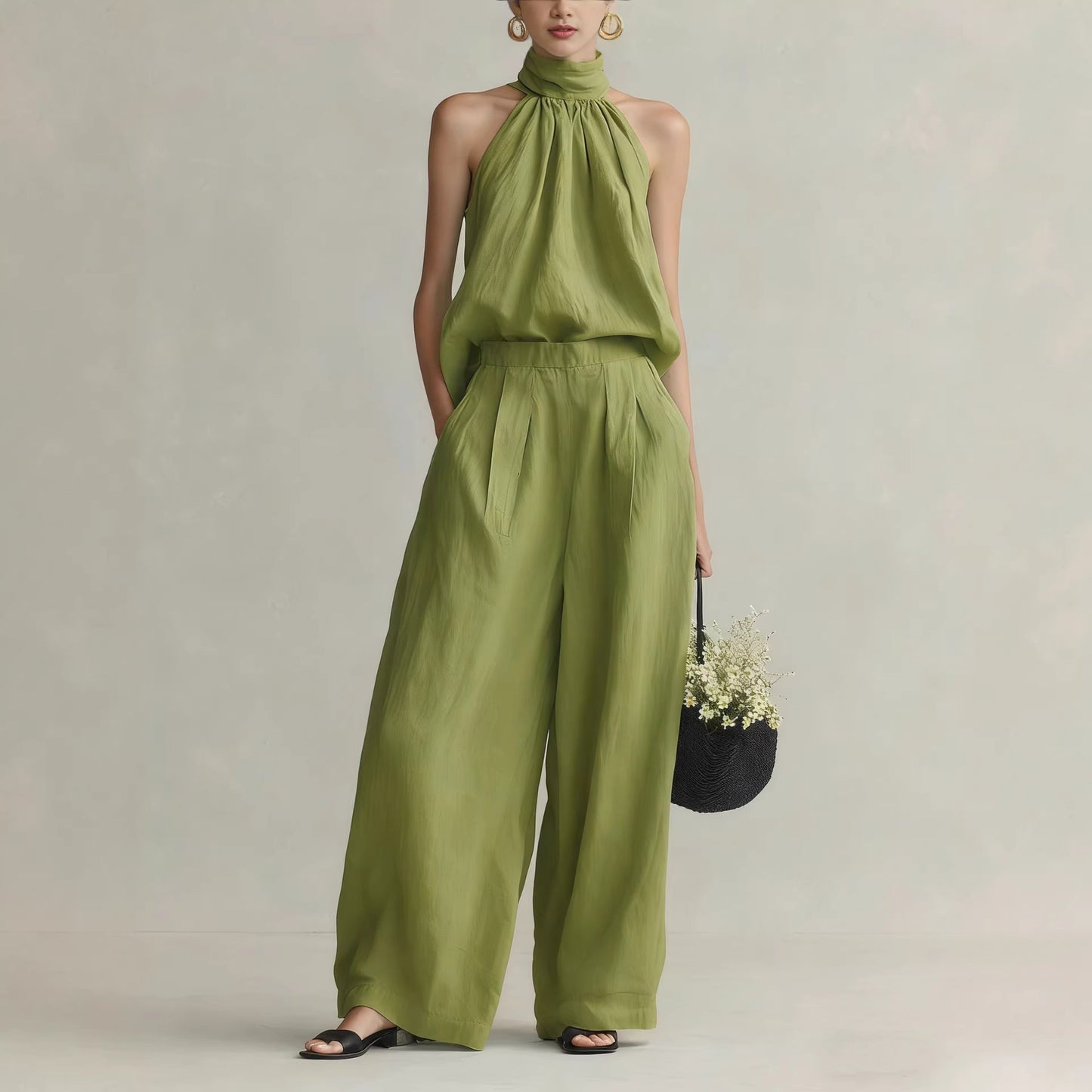 Womens Elegant Round-Neck Sleeveless Top And Pants Suit