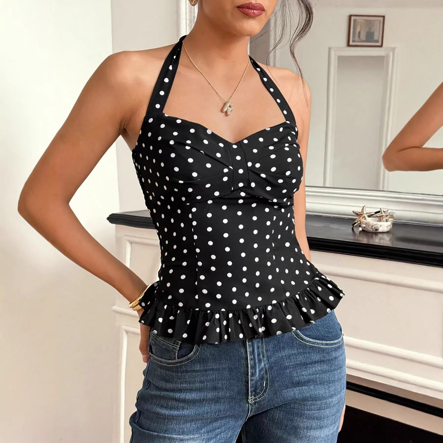 Polka-dot Halterneck Backless Womens Top