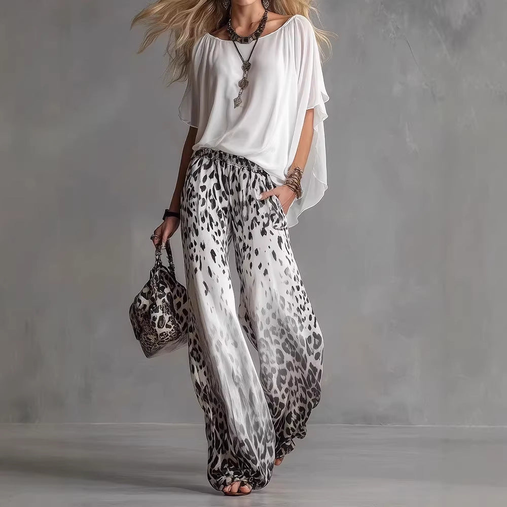 Slimming Wide-leg Straight-leg Casual Pants And Chiffon Top Set