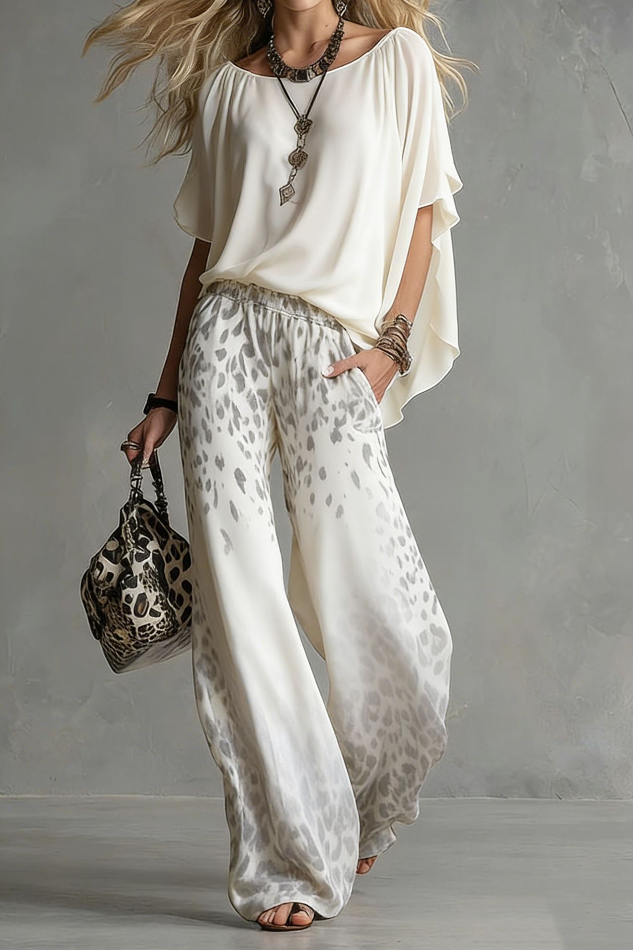 Slimming Wide-leg Straight-leg Casual Pants And Chiffon Top Set