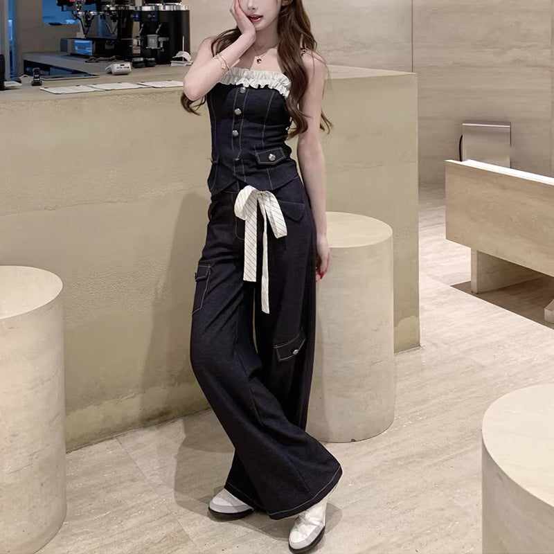 Ruffle-trimmed Halter Top And Wide-leg Pants Set
