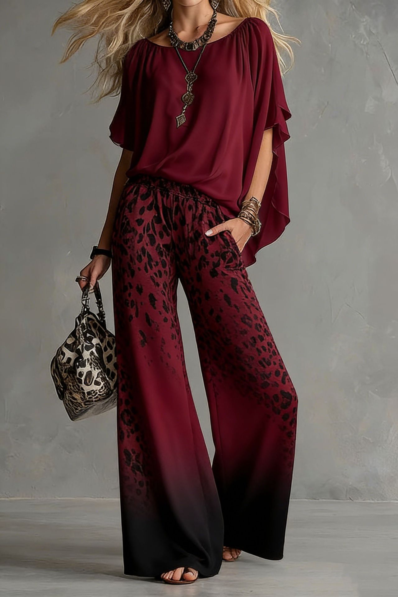 Slimming Wide-leg Straight-leg Casual Pants And Chiffon Top Set