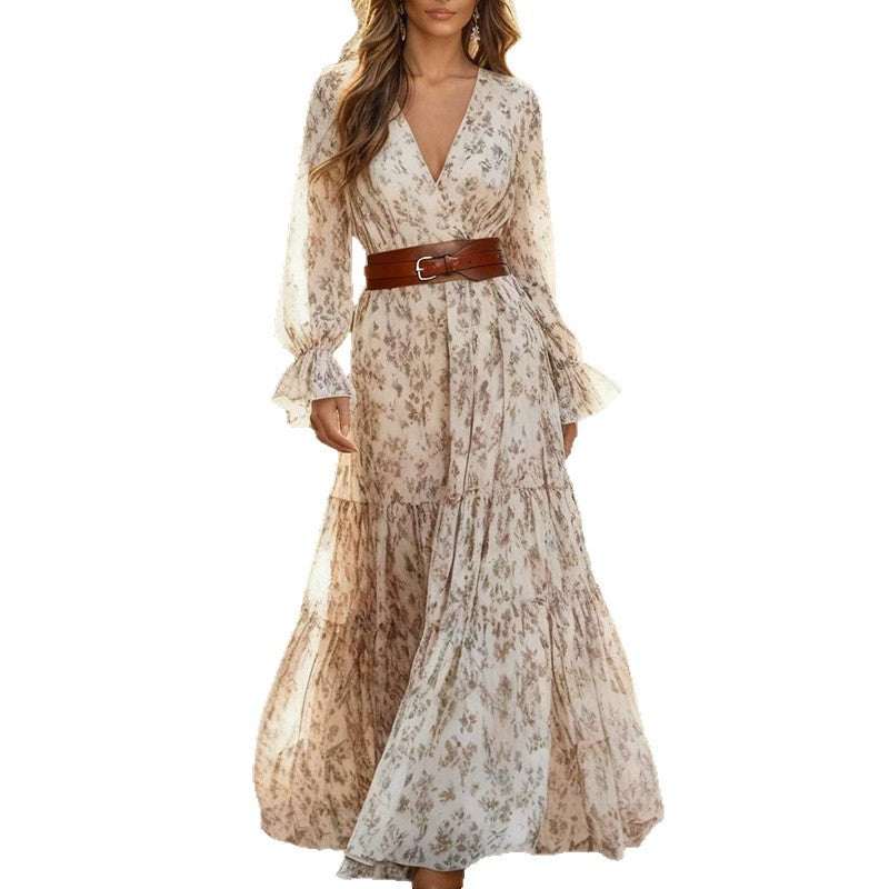 Spring New Womens Printed V-Neck Dress