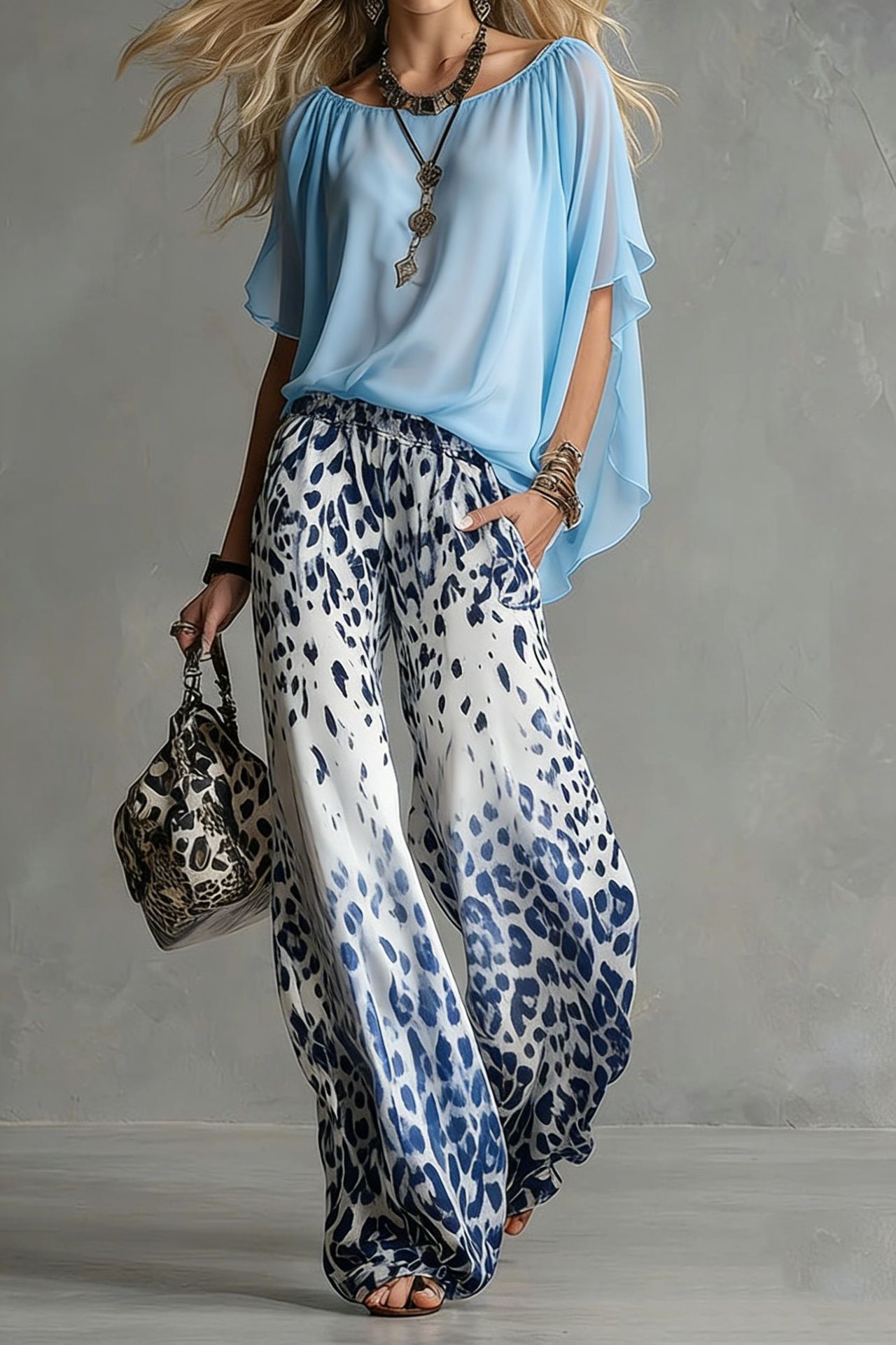 Slimming Wide-leg Straight-leg Casual Pants And Chiffon Top Set