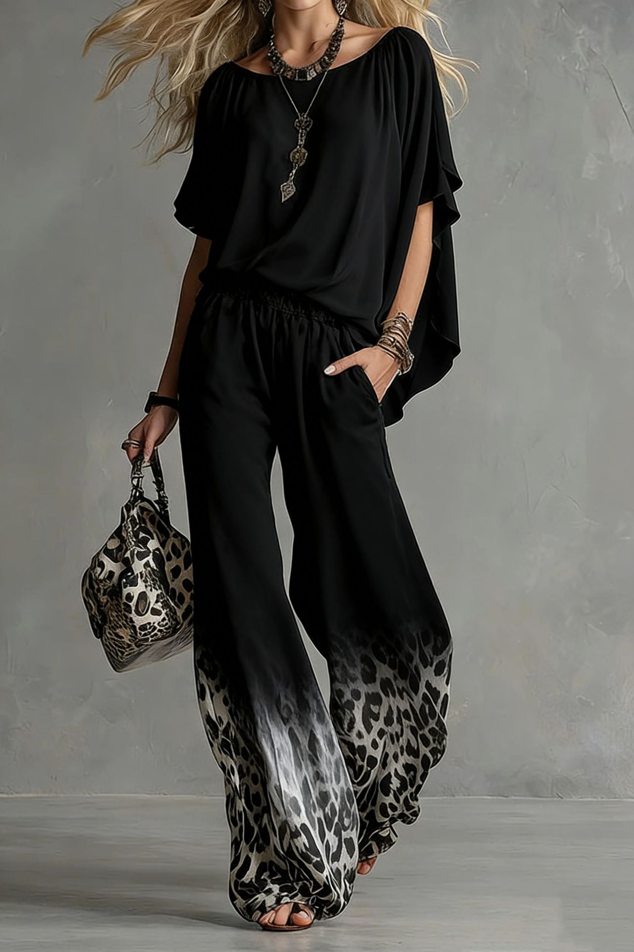 Slimming Wide-leg Straight-leg Casual Pants And Chiffon Top Set